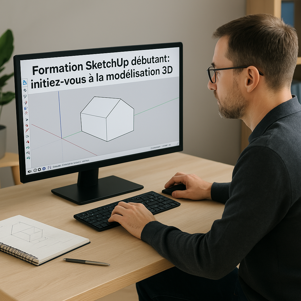 Formation SketchUp débutant pour apprendre à créer vos premiers modèles 3D, maîtriser l’interface de SketchUp, comprendre les bases de la modélisation 3D, et développer des compétences essentielles pour concevoir des projets architecturaux, des aménagements intérieurs ou des prototypes numériques.